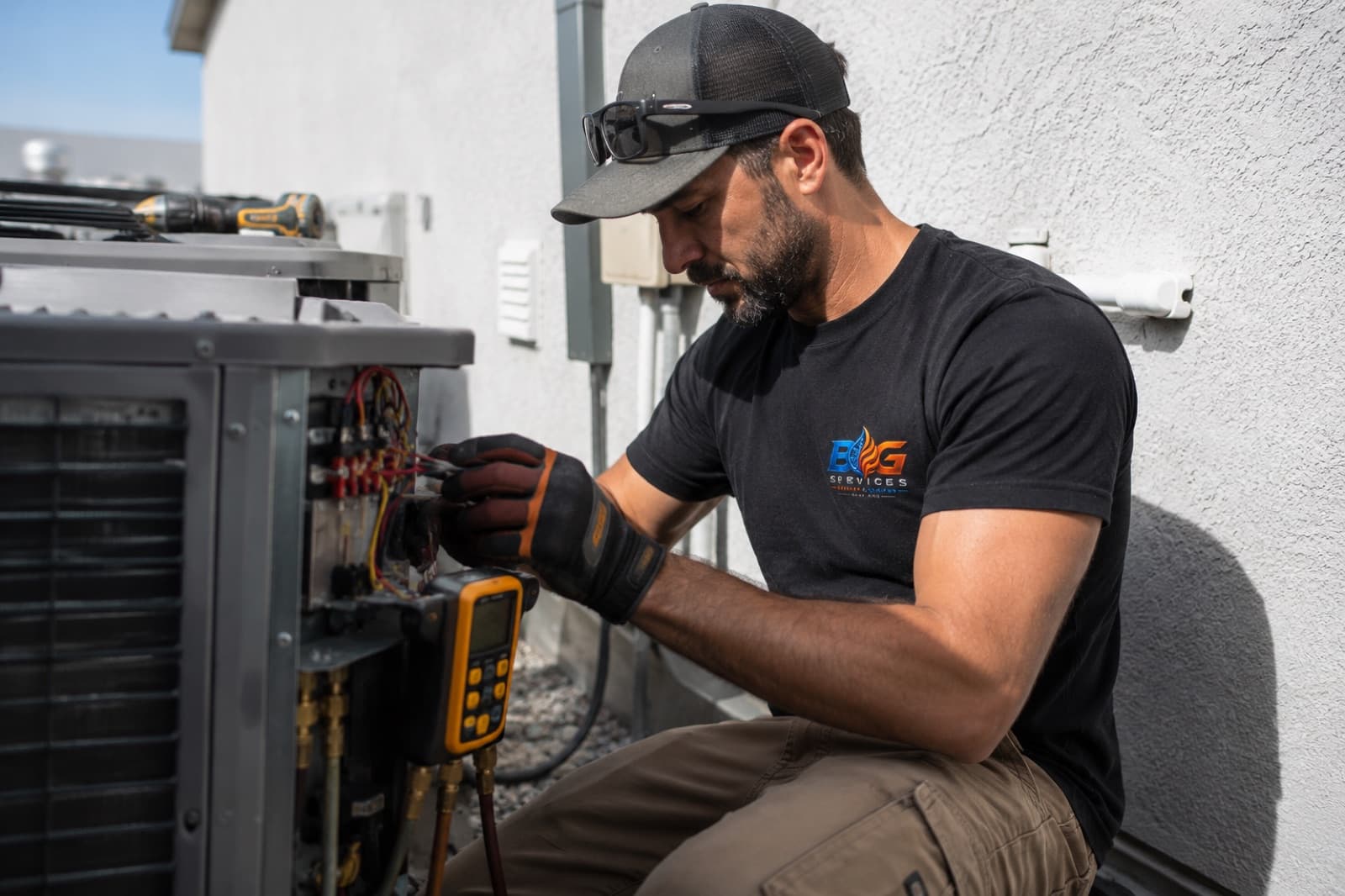 A BG Energy technician servicing an outdoor heat pump unit